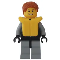 Man, Black and Light Bluish Gray Wetsuit, Dark Orange Hair, Yellow Life Vest