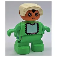 Duplo Figure, Early Child, with Bonnet White, Medium Green Legs, White Bib with Dark Pink Lace Print