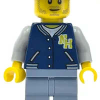 Man, Dark Blue Letterman Shirt with 'NH', Sand Blue Legs, Dark Blue Cap, Stubble