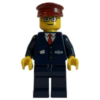 Train Conductor - Dark Blue Jacket, Dark Blue Legs, Dark Red Hat, Glasses (3626b head)
