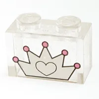 Brick 1 x 2 without Bottom Tube and White / Dark Pink 5-point Crown Print