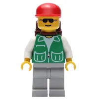 Man, Green Jacket, Light Grey Legs, Sunglasses, Brown Backpack