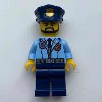Policeman, Bright Light Blue Jacket with Zipper, Radio, Badge, and Tie, Dark Blue Legs, Dark Blue Police Hat with Badge, Beard