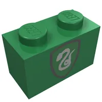 Brick 1 x 2 with Silver Snake on Green Shield Print
