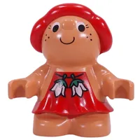 Duplo Figure Little Forest Friend Female, Red Dress with Two White Flowers Print (Sugar Strawberry)