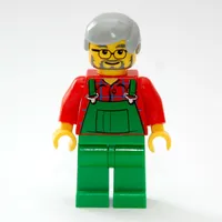 Man, Green Overalls over Red Shirt, Light Bluish Gray Hair, Glasses and Beard