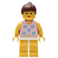 Woman, Tied Pink Tank Top with Flowers, Yellow Legs, Brown Hair