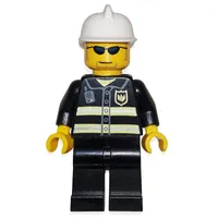 Fireman, Black Fire Jacket with Reflective Stripes, Radio, and Badge, White Helmet, Sunglasses
