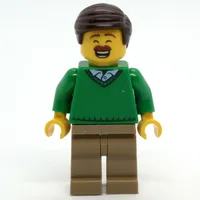 Man, Green Sweater, Dark Tan Legs, Dark Brown Hair, Moustache