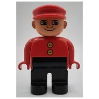 Duplo Figure, Early, with Flat Cap Red, Black Legs, 2 Yellow Buttons, White Eyes Print