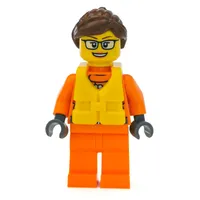 Coast Guard, Woman, Orange Jumpsuit, Yellow Life Vest, Reddish Brown Hair, Glasses