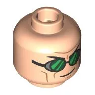 Minifig Head Green Goblin, Long Eyebrows, Open Mouth Smile / Goggles, Green Lenses, Lopsided Grin