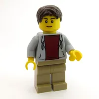 Man, Open Light Bluish Gray Hoodie over Dark Red Shirt, Dark Tan Legs, Dark Brown Hair