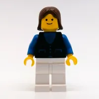 Woman, Black Vest over Blue Top, White Legs, Brown Hair