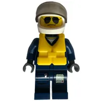 Policeman, Dark Blue Jacket with Pockets and Badge, White Helmet with Visor, Yellow Life Vest, Sunglasses and Wavy Mouth