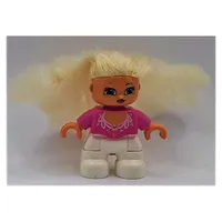 Duplo Figure with Soft Hair White, White Legs, Ornate Bright Pink Collar Print