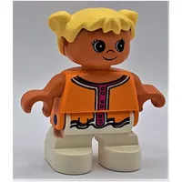 Duplo Figure, Early Child, with Pigtails Light Yellow, White Legs, Dark Pink Collar and Buttons Print