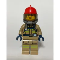Firewoman, Dark Tan Fire Suit with Gauge and Straps, Red Helmet, Breathing Apparatus, Airtanks, Dirty