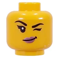 Minifig Head Black Eyebrows, Eyelashes, Metal Pink Lips, Wink / Lopsided Smile