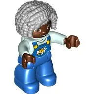 Duplo Figure with Curly Hair Light Bluish Grey, Blue Overall, Flowers, Bee print