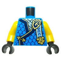 Torso, Ninja Robes, Dark Blue/Gold Trim, Scales, Bright Light Blue Banner, Gold Dragon Head print, Yellow Arms, Black Hands