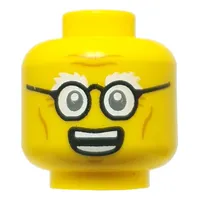 Minifig Head Dr. Julien, White Eyebrows, Black Glasses, Open Mouth Smile / Scared
