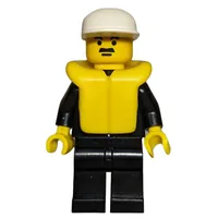 Policeman, Black Suit with Tie and Badge, White Cap, Yellow Life Vest, Moustache