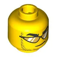 Minifig Head, Thick Black Eyebrows, Stubbled Beard, Smirk, Sunglasses with Gold Glasses