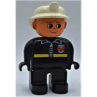 Duplo Figure, Early, Fire Helmet White, Black Legs, Fire Jacket with Zipper Print