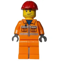 Construction Worker, Orange Jacket with Zipper and Reflective Stripes, Orange Legs, Red Hard Hat, Stubble