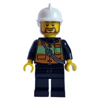 Fireman with Reflective Stripe Vest with Pockets and Radio on Shoulder Strap, White Fire Helmet, and Beard