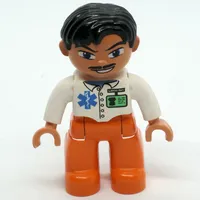 Duplo Figure Side Parted Hair Black, with Orange Legs, with ID Badge and EMT Star of Life, Moustache Print (Medic)