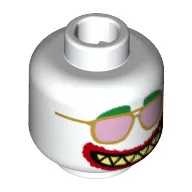 Minifig Head Joker, Green Eyebrows, Gold and Pink Sunglasses, Red Lips Makeup, Sharp Teeth, Wide Clenched Mouth / Wide Open Mouth Print