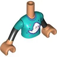 Minidoll Torso Girl with Dark Turquoise Shirt with White Ghost, Black Sleeves print, Nougat Arms and Hands