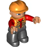 Duplo Figure with Construction Helmet Orange, with Orange Vest over Red Long Sleeve Shirt, Black Legs