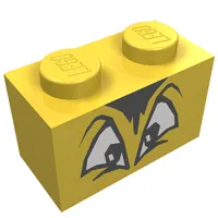 Brick 1 x 2 with Black and White Squinting Eyes and Hair Print