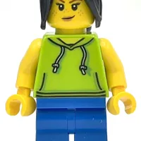 Woman, Lime Hoodie, Blue Legs, Black Hair