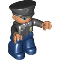 Duplo Figure with Police Style Hat Black, with Dark Blue Legs, Black Top with Badge, Black Arms, Blue Eyes