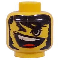Minifig Head, Open Mouth and Teeth, Long Black Hair, One Closed Eye Print [Blocked Open Stud]