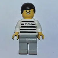 Jailbreak Joe, Prison Shirt with #23768, Light Bluish Gray Legs, Black Hair, Moustache