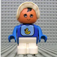 Duplo Figure, Early with Joined Legs, with White Legs, Duck Bib Print, Black Hair, and White Bonnet (Baby)