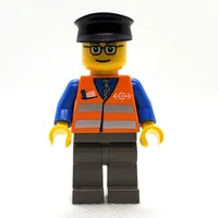 Train Worker, Orange Safety Vest with Train Logo, Dark Bluish Gray Legs, Black Hat, Glasses