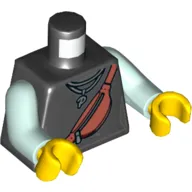 Torso Shirt, Necklace, Reddish Brown Shoulder Strap Bag Print, Light Aqua Arms, Yellow Hands