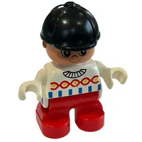 Duplo Figure, Early Child, with Helmet Black, Red Legs, Decorated Top Print