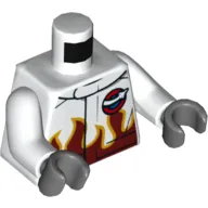 Torso Racing Jacket with Dark Red Flames and Space Logo Print, White Arms, Dark Bluish Hands