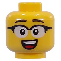 Minifig Head White Glasses, Black Frame, Open Mouth Smile / Worried, Crooked Glasses, Scratch Marks
