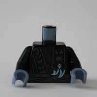 Torso, Ninja Robes, Dark Bluish Grey Signs, Sash, Dark brown Shirt print, Black Arms, Sand Blue Hands