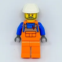 Construction Worker, Orange Overalls over Blue Sweater, White Hard Hat, Beard