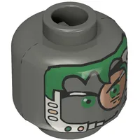 Minifig Head Insectoid, Green Hair, Copper Eyepiece and Headset Print [Blocked Open Stud]