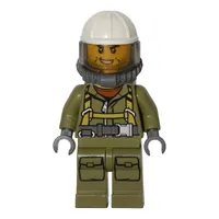 Volcano Explorer, Man, Olive Green Jumpsuit with Straps, White Hard Hat with Visor, Breathing Apparatus, Airtanks, Stubble